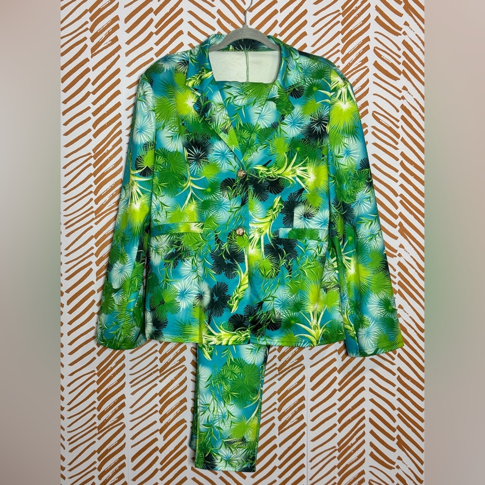 Vibrant Green and Blue Tropical Blazer and Pants Set